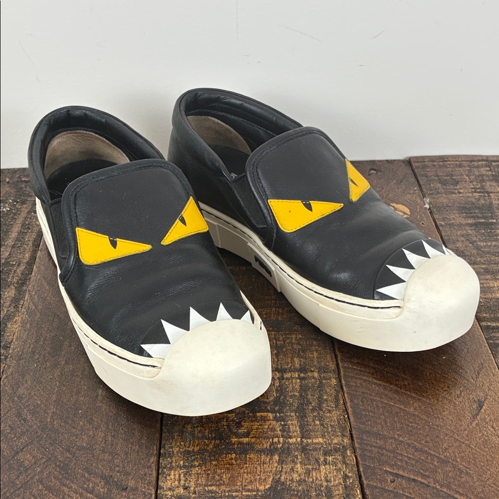 Fendi Women’s 5 (35) Monster Bug Eye Black Yellow Slip-On Sneakers Leather